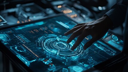 A hand hovers over a glowing holographic interface filled with intricate data patterns and graphics. The atmosphere is futuristic and sophisticated, showcasing innovation in technology