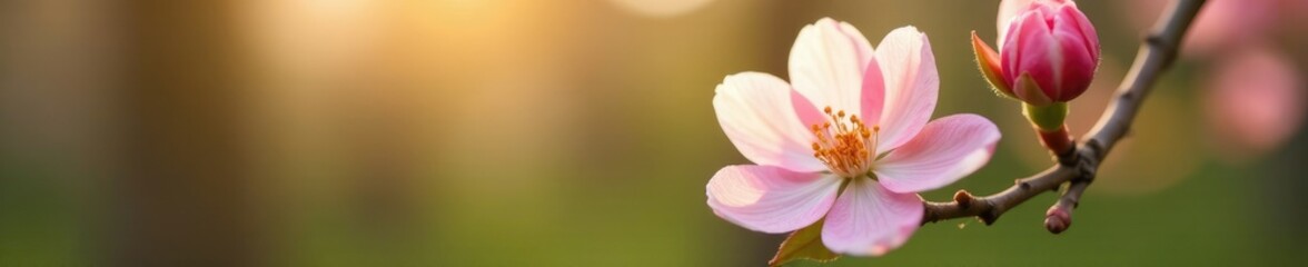 Fototapeta premium Delicate peach blossoms unfurl on a spring morning in the garden, soft focus, blooming flowers