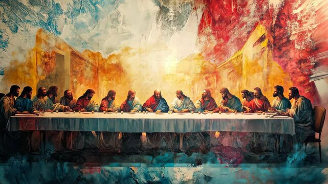 Vibrant painted last supper mural with dynamic color shifts
