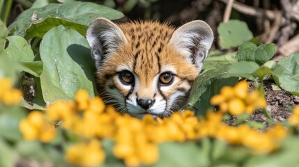 Fototapeta premium Adorable Serval Kitten Hiding in Yellow Flowers