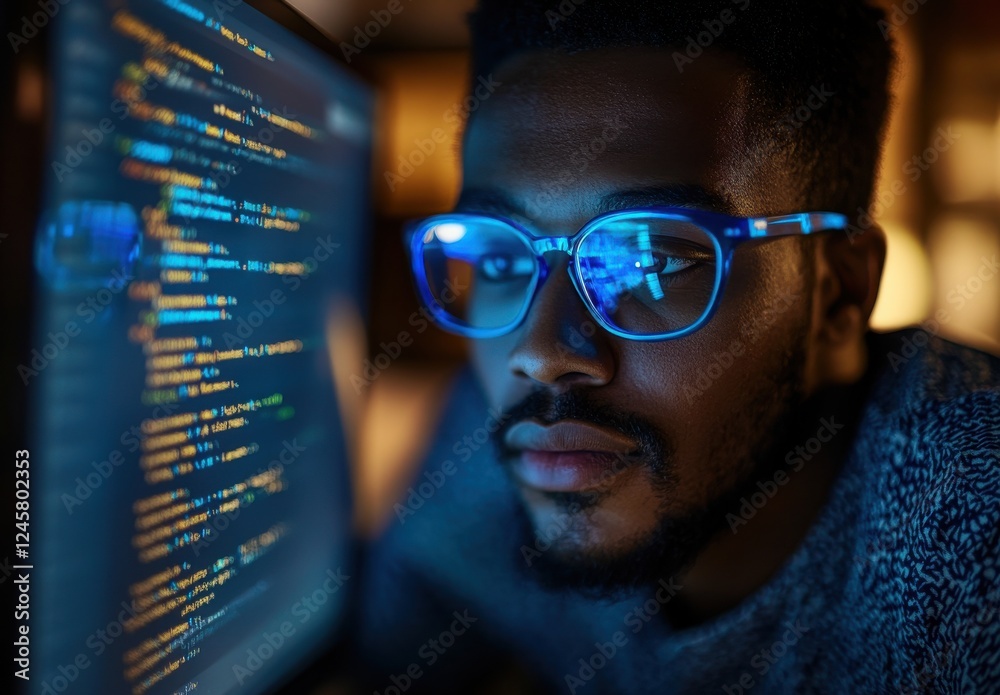 Poster a focused young man with stylish glasses intensely coding at his computer, surrounded by glowing scr