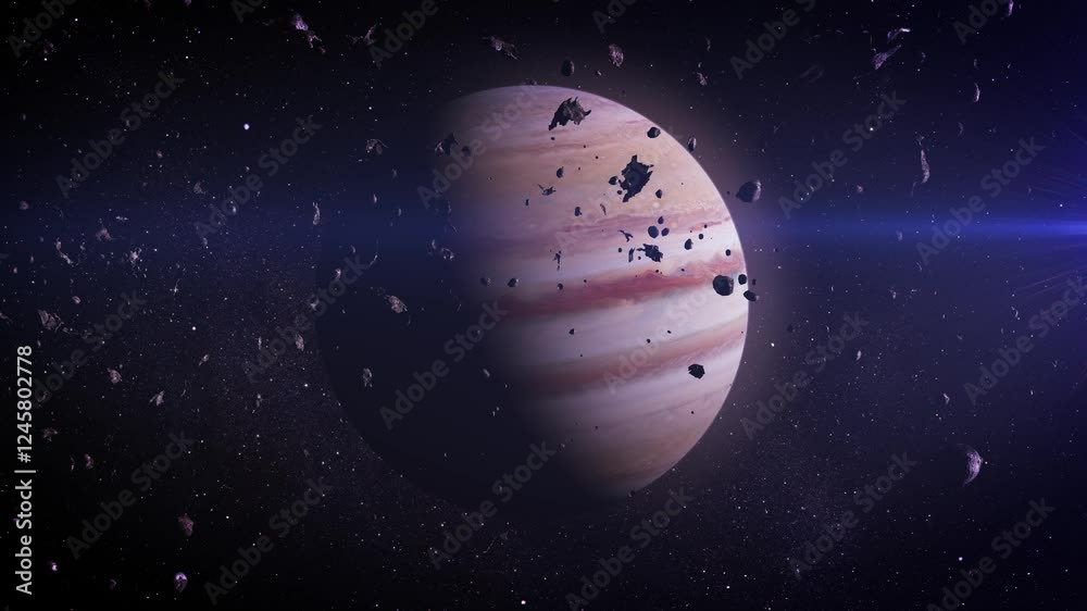 Wall mural jupiter illuminated with asteroid activity. jupiter’s vibrant atmosphere glows under warm sunlight, 