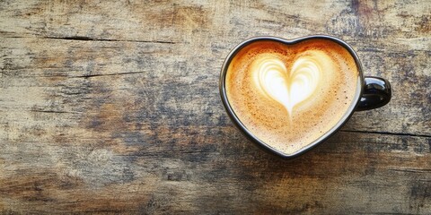 Heart shaped coffee in a black cup with milk froth on a rustic wooden table. Top view showcasing intricate latte art patterns in warm tones.