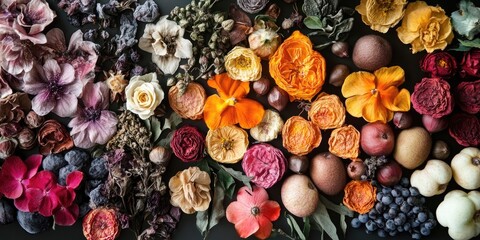 Obraz premium Colorful arrangement of dried and frozen flowers and fruits on a dark background showcasing intricate textures and vibrant hues in a stylish display
