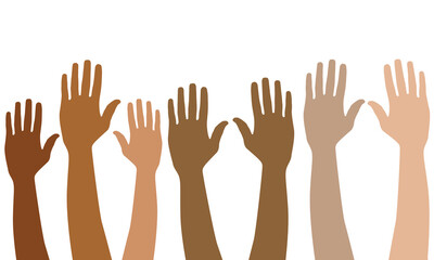 The vector background displays many hands in brown gradient shades, conveying the powerful theme of 