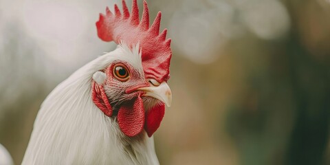 Close up portrait of a white rooster with vibrant red comb and wattle set against a soft blurred natural background in warm earthy tones.