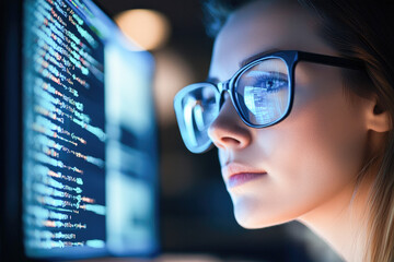 Focused female programmer analyzing code on a screen, with reflections in her glasses, symbolizing technology and precision. 