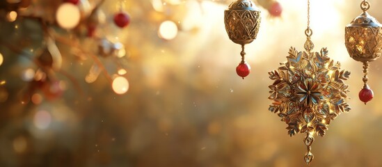 Obraz premium Golden snowflake ornaments, bokeh background, holiday greeting