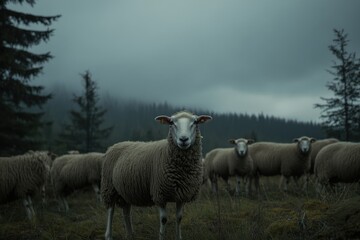 Fototapeta premium A Lone Sheep in a Misty Mountain Landscape