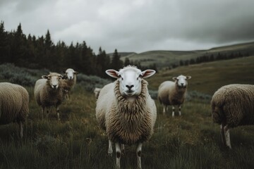 Fototapeta premium Serene Sheep in a Misty Mountain Pasture