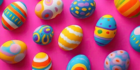 Fototapeta premium Colorful Easter eggs displayed on a pink background, featuring patterns in bright yellow, blue, orange, and white, arranged in a dynamic layout.