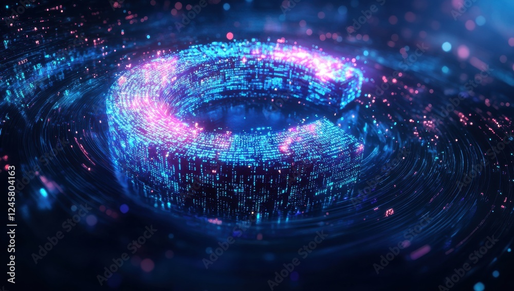 Poster abstract digital background with glowing circular pattern and flowing binary code in vibrant blue an