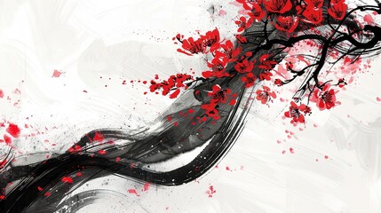 Black and red abstract illustration with brush strokes, red flowers, black wave, cherry blossom, chinese japanese ink calligraphy painting on paper