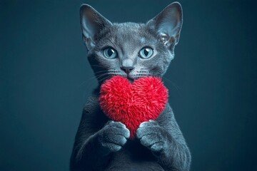 Cute devon rex baby feline with fluffy red heart - symbol of love, funny greeting card. Ad idea. Devon rex - my treasured cat. Fluffy love animal. Heart cat valentine. Valentine's gift pet.