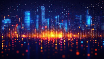 Abstract digital city skyline with glowing lights and sound wave effect creating a futuristic urban atmosphere in deep blue and vibrant orange tones