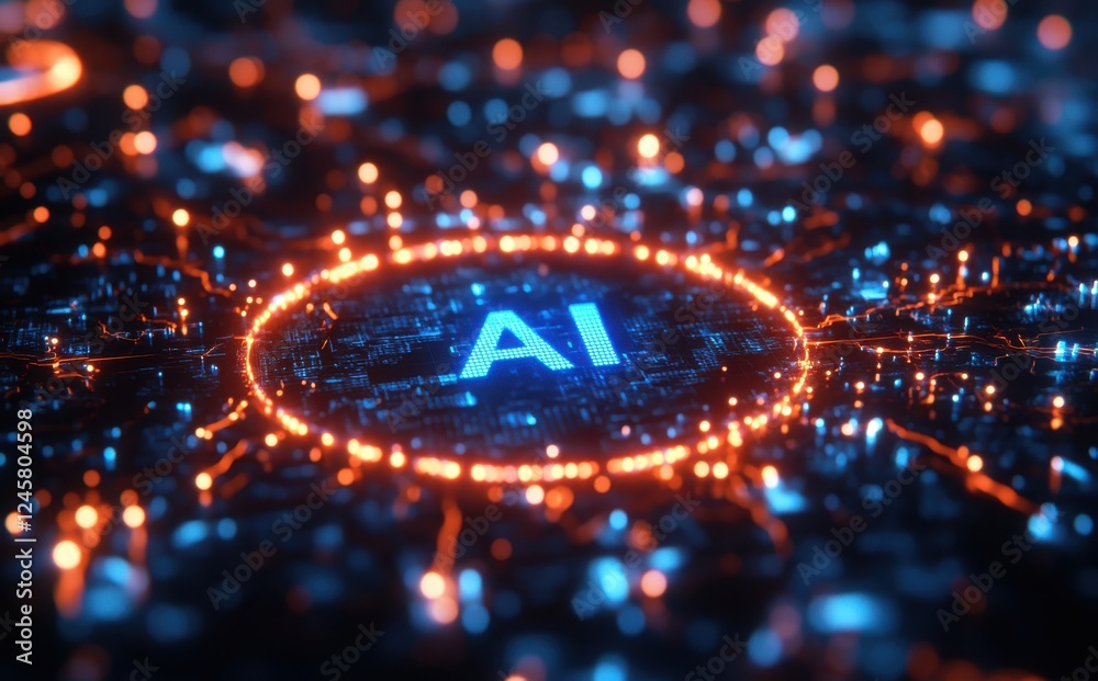Poster abstract digital illustration of artificial intelligence concept with glowing circuits and illuminat