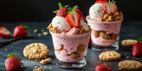 Delicious strawberry ice cream sundaes in clear glasses with cookies and fresh strawberries on a dark background with scattered cookie pieces