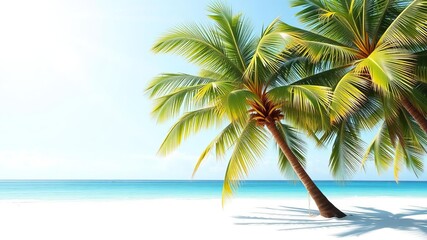 Obraz premium Coconut tree standing tall on a sandy beach against a white background, perfect for tropical-themed designs, white background, palm, 3d illustration