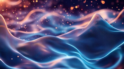 Fototapeta premium Glowing bioluminescent waves in deep space, fractal coral reefs merging with nebulas, abstract wallpaper. Creation of Earth, water, magenta-cyan sunset gradients, fantasy background 