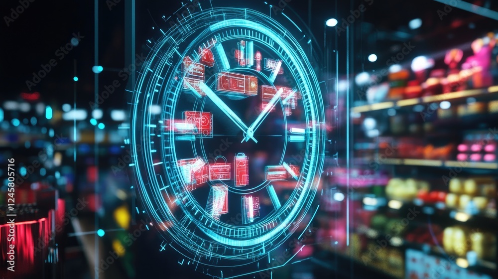 Poster a digital holographic clock featuring product icons as hours, illustrating the cycle of consumerism 