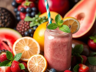 Freshly blended yellow and orange fruit smoothie in glass jar with straw, juice, vibrant, fresh