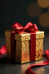 Obraz premium Ornate golden gift box with red velvet ribbon, box, luxurious, ribbon
