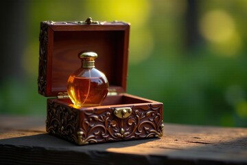Ornate wooden box containing a fragrant perfume bottle, nature background, sophistication, refined