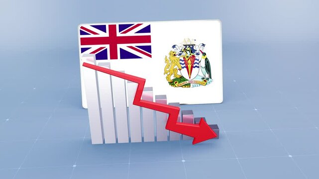 British Antarctic Territory country flag and bar chart graph showing decreasing values a red arrow economic crisis concept. 