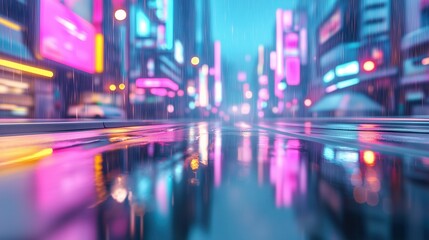 Obraz premium Cyberpunk street scene wallpaper. Rain-soaked iridescent asphalt reflecting holographic billboards, neon pink and teal color bleed, motion-blurred LED streaks background