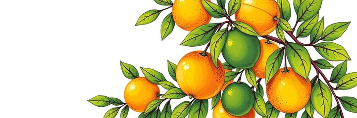 Hand drawn citrus fruits branches featuring oranges, lemons, and limes, colorful, citrus fruits, natural