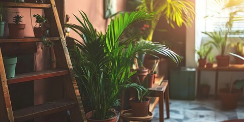 Fototapeta premium Indoor tropical plant scene showcasing a wooden ladder on the left, vibrant green foliage, and warm sunlight illuminating a cozy, stylish room.
