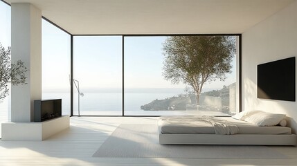 Minimalist Scandinavian Bedroom with Glass Windows and Natural Light