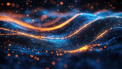 Fototapeta premium Abstract glowing waves of blue and orange light with bokeh effects, creating a dynamic and futuristic landscape for creative visual projects