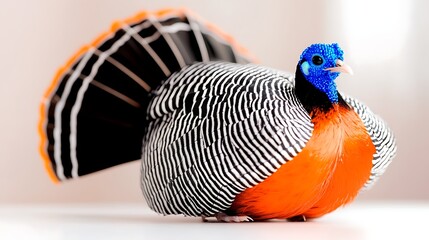 Vibrant bird with striking blue and orange plumage displaying its feathers in a bright setting