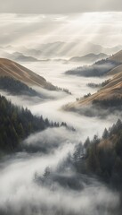 Misty Mountains Surrounded By Dense Pine Forests