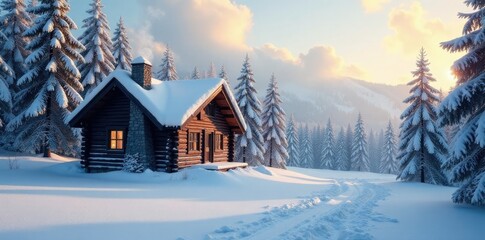 Fototapeta premium Snow-covered trees surrounding a wooden cabin with smoke rising from the chimney, winter, landscape, serenity