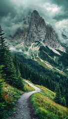 Mountain Landscape With Winding Path And Mist