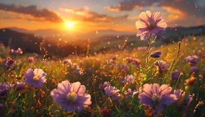 Sunset Over Vibrant Meadow Filled With Wildflowers