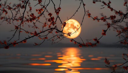 Sunset Scene with Glowing Full Moon Reflection