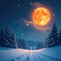 Naklejka premium Snowflakes gently fall amidst a serene winter scene under the full orange moon's warm light, clouds, winter landscape, serene scenery