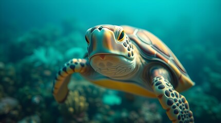 Close-up sea turtle underwater by colorful coral