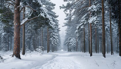 Tranquil Snowy Pine Forest Path Inviting Serenity And Exploration