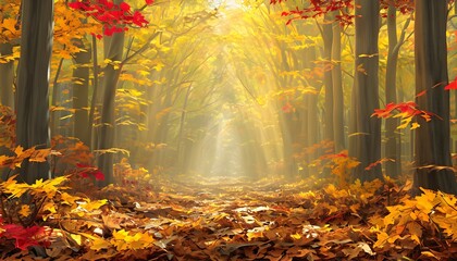 Vibrant Autumn Forest Path Illuminated By Golden Sunlight