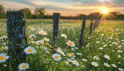 Vibrant Daisies At Sunset With A Rustic Wooden Fence