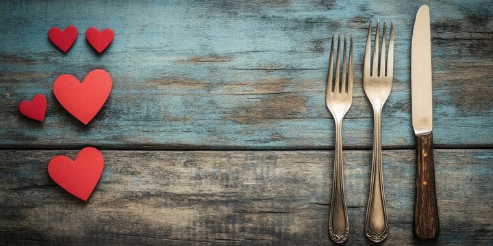 Romantic table setting with two silver forks and a knife on a rustic wooden surface with red paper hearts on the left side for Valentine's Day. - Powered by Adobe