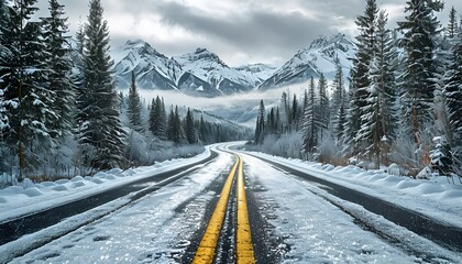 Winding Snow-Covered Road Through Evergreen Forests And Mountains