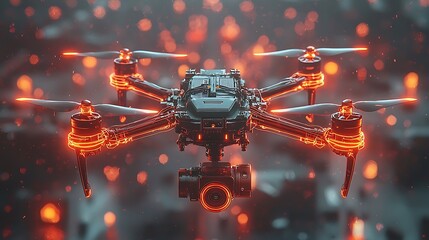 Fototapeta premium Futuristic Drone with Glowing Propellers and Camera - Aerial Photography Technology