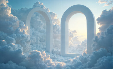 Heavenly arches in cloudscape.  Ethereal gateway to serenity.  Peaceful clouds, soft light. Dreamlike scene.
