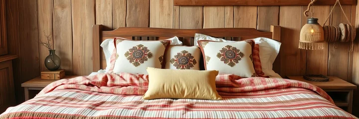 Rustic home design with ethnic boho decoration bed with pillows and wooden furniture, rustic style, bed, ethnic