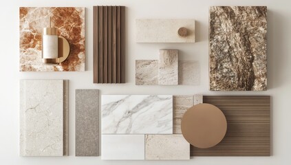 Luxury stone, wood samples; design layout; white background; interior design